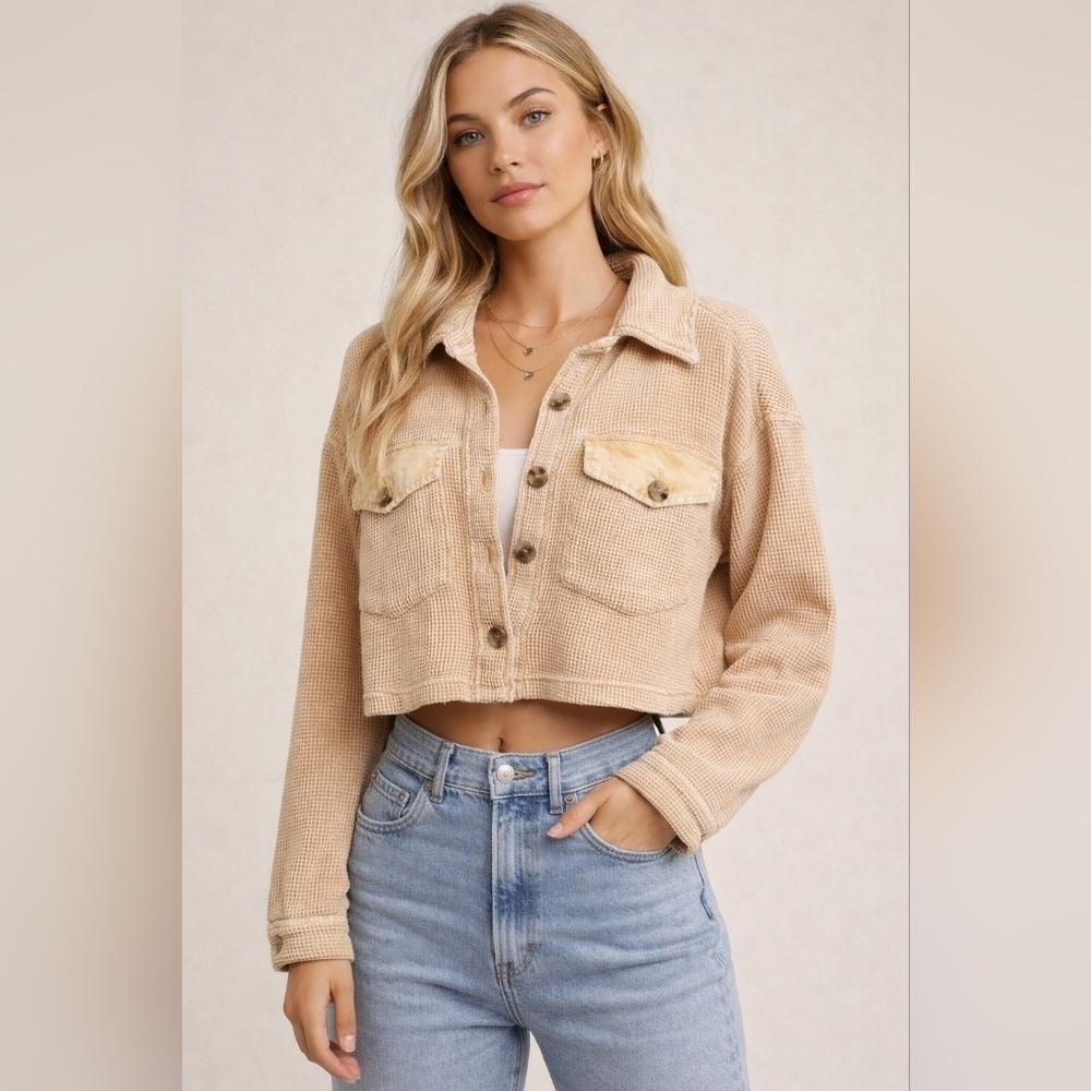 BAGATELLE COLLECTION Golden Yellow Cropped Waffle Knit Jacket 100% Cotton